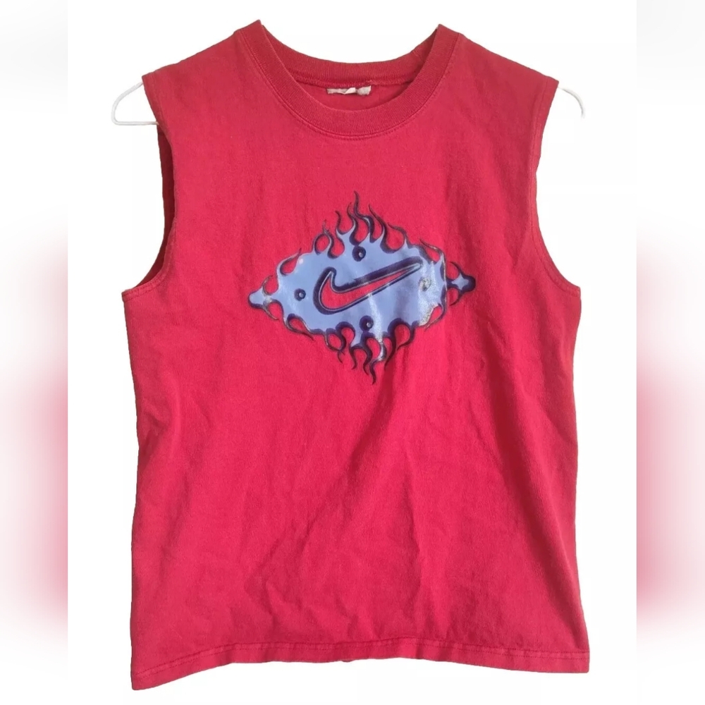 Vintage Boy's Nike Flame Swoosh Shirt Sleeveless Blue Red